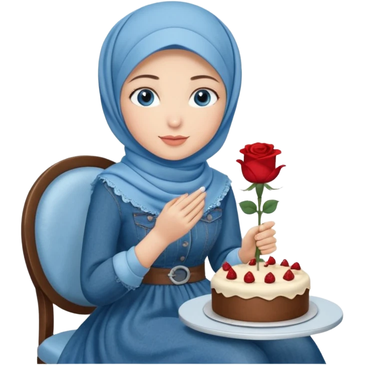 Turkish beautiful finish Konya girl blue eyes with denim hijab long tail dress and sits on the white chair and holds rose cake with her hand  emoji