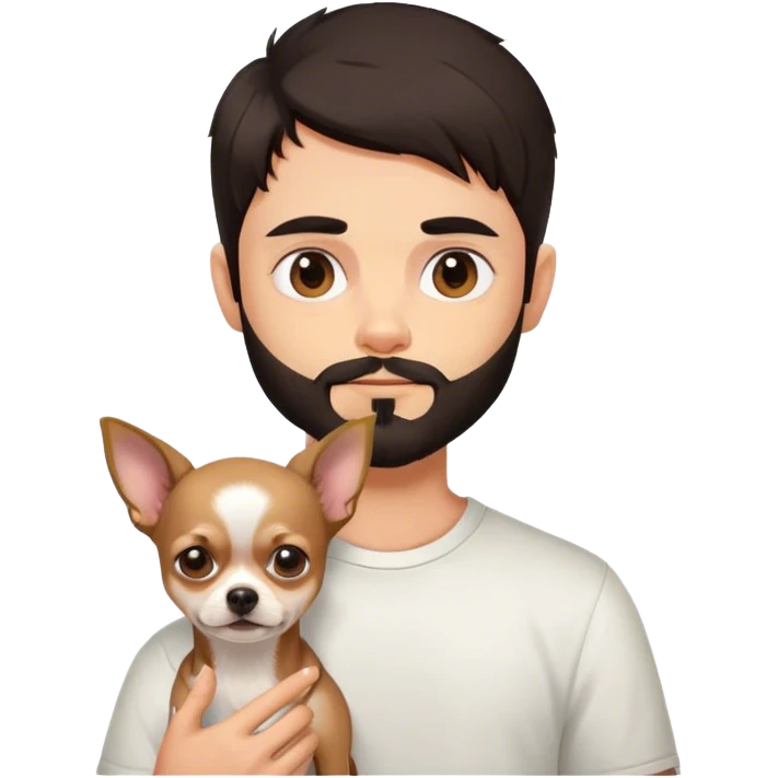 Boy with dark hair and a beard walking a Chihuahua emoji