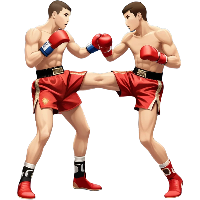 An icon showcasing a high-energy kickboxing match. Two fighters in action, one delivering a powerful roundhouse kick while the other defends with gloves raised. The background features a professional ring with bright lights and a cheering crowd. Transparent background. emoji