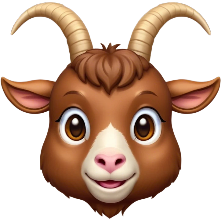 Cinematic Cute Brown Goat Portrait Emoji, Head tilted playfully and inquisitively, featuring a glossy, rich brown fur with charming curved horns, round, sparkling eyes filled with gentle curiosity, Simplified yet irresistibly adorable features, highly detailed, glowing with a warm, friendly glow, high shine, affectionate and lively, stylized with a touch of rustic whimsy, bright and endearing, soft glowing outline, capturing the essence of a mischievous yet loving goat, so playful it feels like it could trot out of the screen and into your arms! emoji