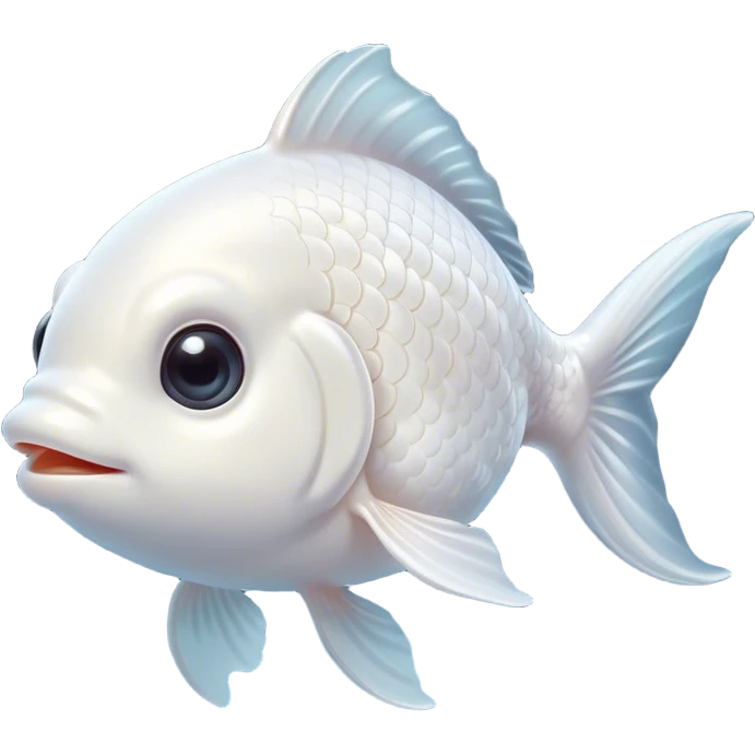 Cinematic Cute White Goldfish Portrait Emoji, Head tilted playfully and inquisitively, featuring a glossy, pure white body with delicate, shimmering scales and round, sparkling pale eyes filled with curiosity, Simplified yet irresistibly adorable features, highly detailed, glowing with a warm, friendly glow, high shine, affectionate and lively, stylized with a touch of whimsy, bright and endearing, soft glowing outline, capturing the essence of a mischievous yet loving goldfish, so playful it feels like it could swim out of the screen and into your heart! emoji
