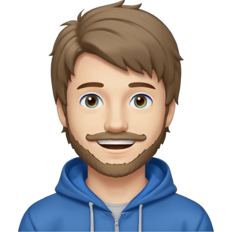 20 year old man, short scruffy beard and thin moustache, brown puffy mullet, blue eyes, big smile, white teeth, big lips, pronounced jaw, hair longer in back, sticking up on top, thin face, grey hooded sweatshirt, pale skin, big smile, blue eyes, puffy hair that is long in back, blue eyes emoji