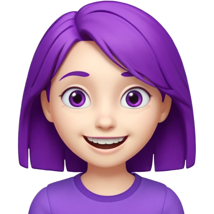 A cute 3D animated emoji character of a young girl face with vibrant purple hair. She has big expressive eyes and a wide happy smile showing teeth. The style is like a Pixar or Disney movie character, soft textures, high quality CGI render, isometric view, on a solid plain white background. emoji