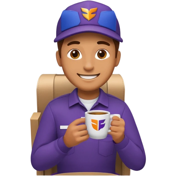 emoji of FedEx delivery man is sipping coffe while sitting in the FedEx truck emoji