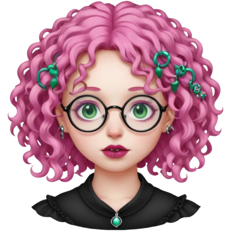 . Gothic girl with pink curly hair, round glasses, septum piercing, nostril piercing, almond eyes, blueish green eyes, emoji