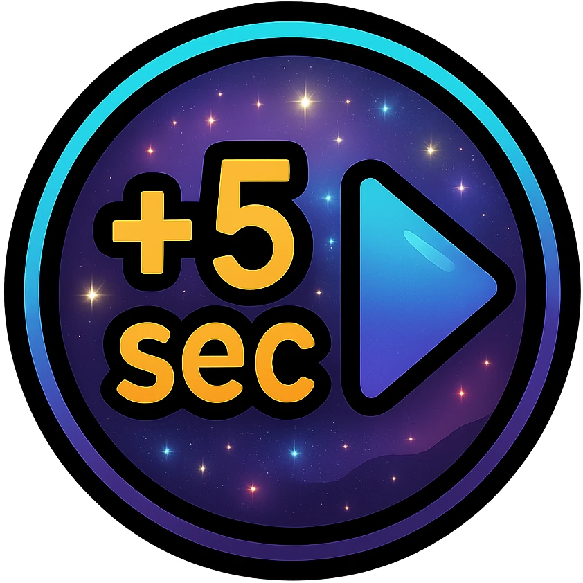 +5 sec icon with dark purples, blues, black base, neon glowing border, nebula gradients, small bright stars, subtle glow, specular highlights, luminous effect, accent colors cyan, pink, yellow, green, orange, consistent with media controls set emoji