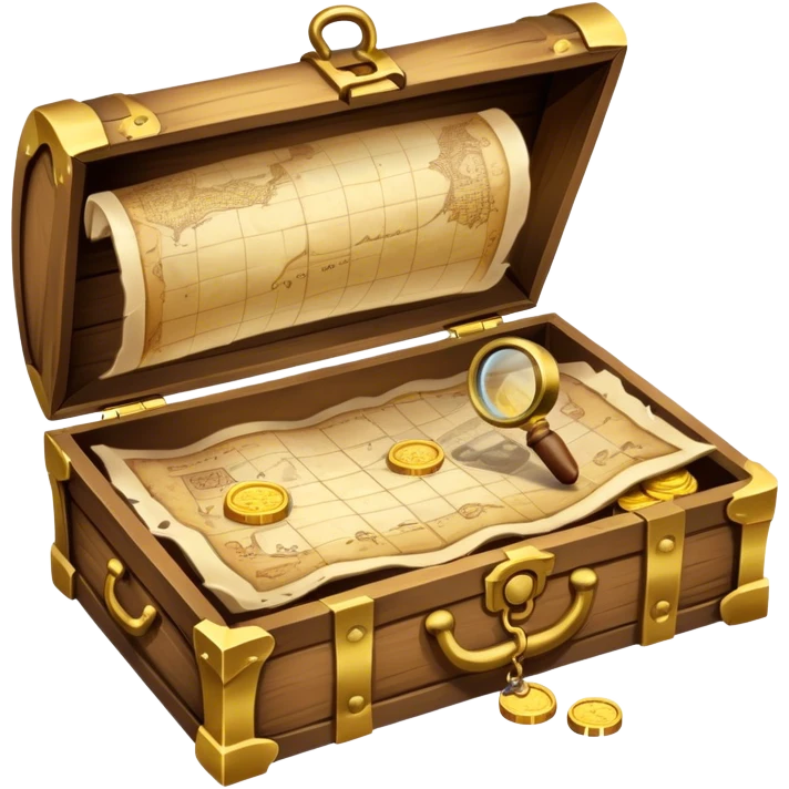 An icon depicting a treasure map with an open chest, surrounded by clues and mysterious symbols. A magnifying glass hovers over the map, symbolizing the thrill of discovery and adventure. Set on a transparent background, it should evoke the excitement of solving puzzles and exploring new worlds. emoji