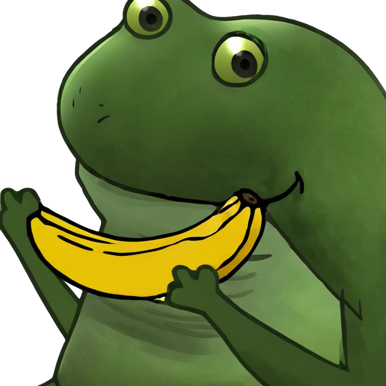 Pepe the frog eating a banana, bufo style meme, happy expression emoji