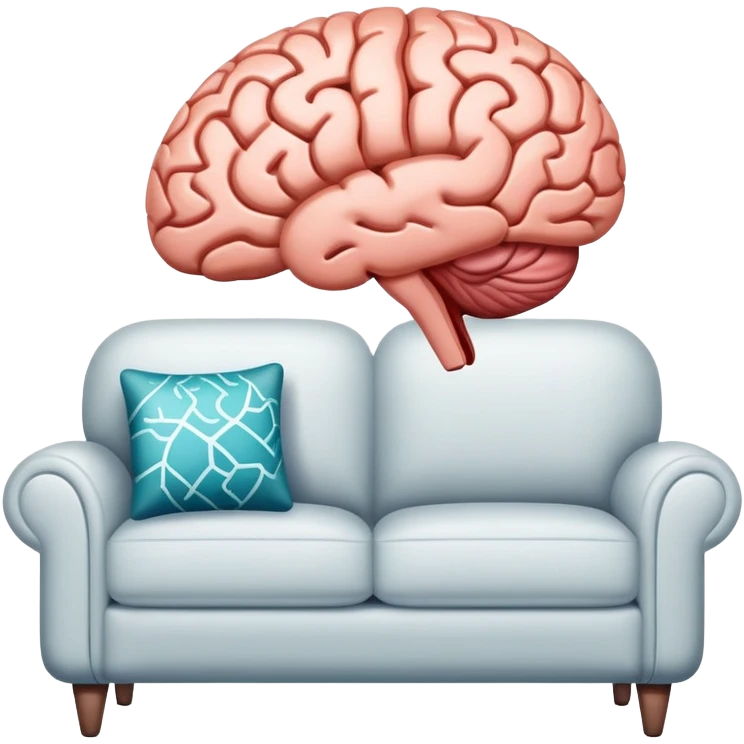 An icon featuring a brain, a couch, and a psychological test, symbolizing the study of psychology. The design includes abstract patterns representing the mind, with a calm, therapeutic setting in the background. Transparent background highlights the exploration of human behavior and mental health. emoji