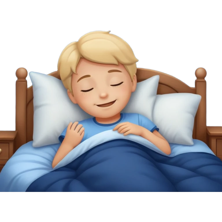 a child tucked in bed sleeping with a smile, night sky outside window emoji