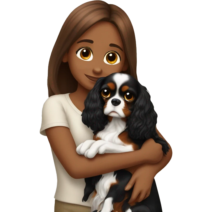 cute girl hugging two black and brown cavalier king charles spaniel  emoji