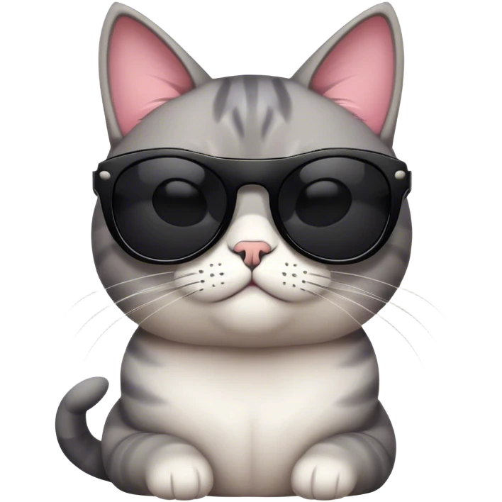 A cool, cartoon-style face cat wearing oversized black sunglasses, sitting confidently with a relaxed expression. The cat has smooth fur, a small smirk, and a playful yet stylish posture. Flat, modern illustration, minimal shading, digital art, white background, iOS emoji aesthetic. emoji