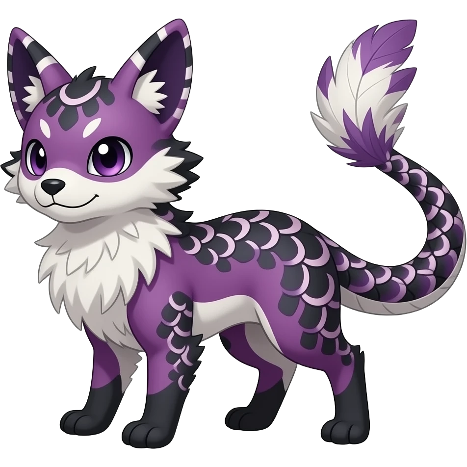 Furry, feathery, fluffy tropical flecked painted feathery scaly, Purple, white, black, Minccino-Bambino-Lykoi-Linoone-Zangoose-fusion-hybrid-animal-Fakémon-creature, full body, thin long sleek scaly tail, intricate markings emoji