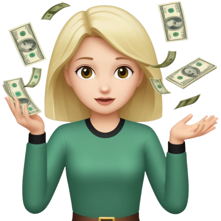 Haz un emote de una chica lanzado lluvia de billetes en formato gifg emoji