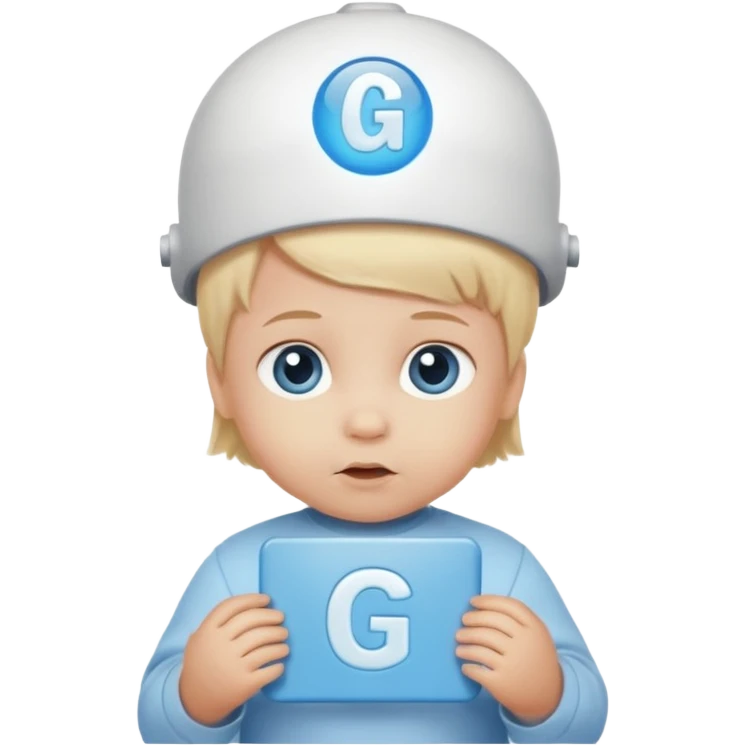 A baby Caucasian blond hair blue eyed infant with a genius sign over it’s head emoji