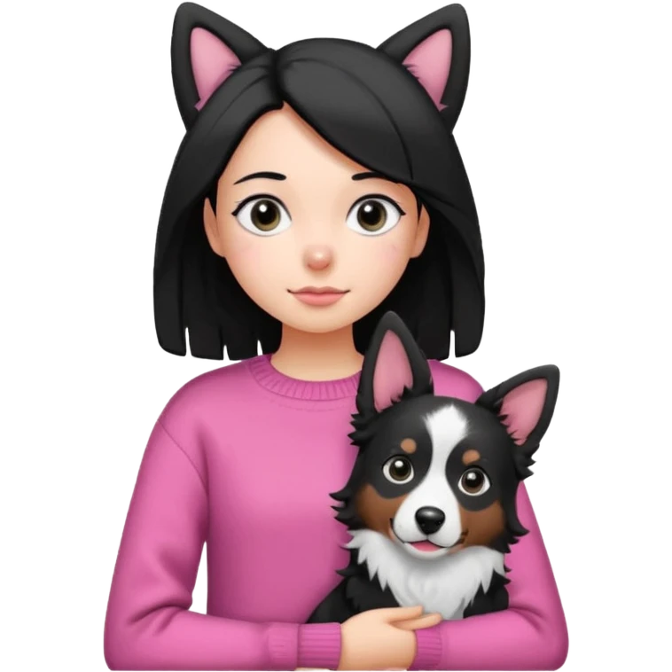 girl with side parted black hair shoulder length black eyes wearing pink sweater carrying black and white border collie with perked ears emoji style emoji