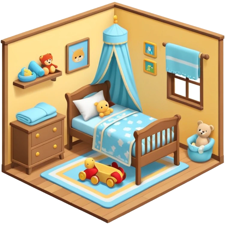 isometric baby room, Crib beside toy shelf and rug emoji