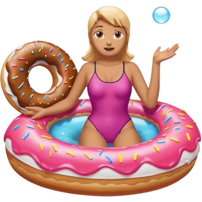 A woman riding a donut float, with bubbles popping all around her emoji