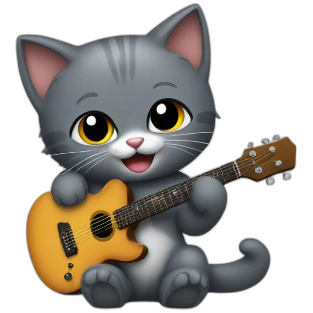 A dark grey kitten playing the guitar emoji