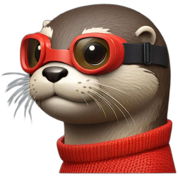 An otter weathering a red jumper with a pair of colour matching goggles. Side profile emoji