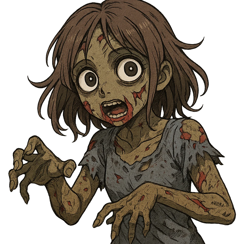 brown-skinned zombie girl, manga style, large eyes, zombie appearance emoji