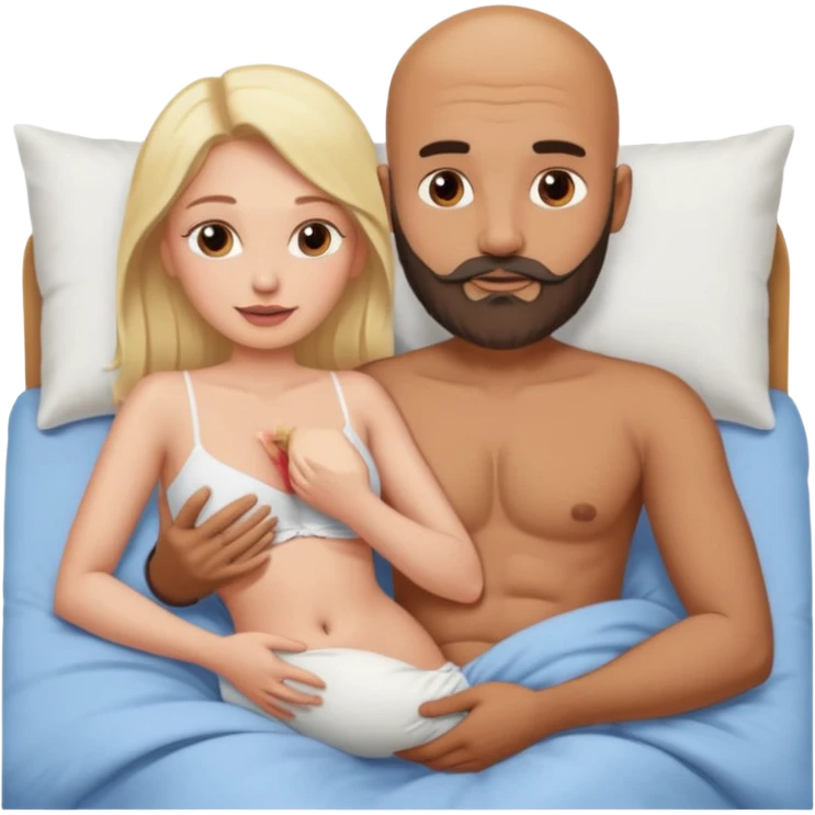 Fully Naked Indian bald man with a beard in bed holding vagina of naked blonde woman emoji