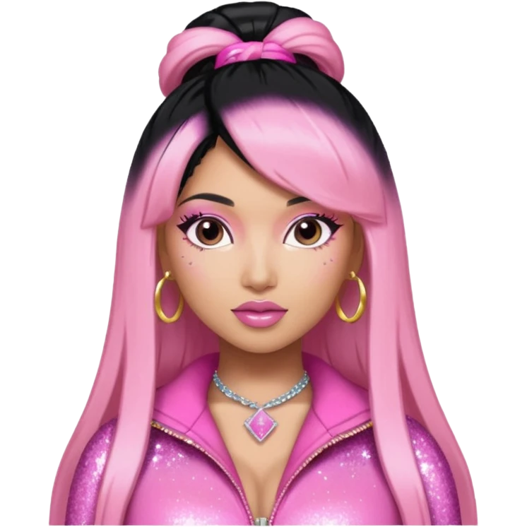 Nicki Minaj black hair with pink highlights, pink outfit emoji