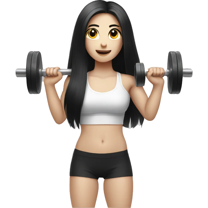 Pale girl with long black hair lifting weights emoji