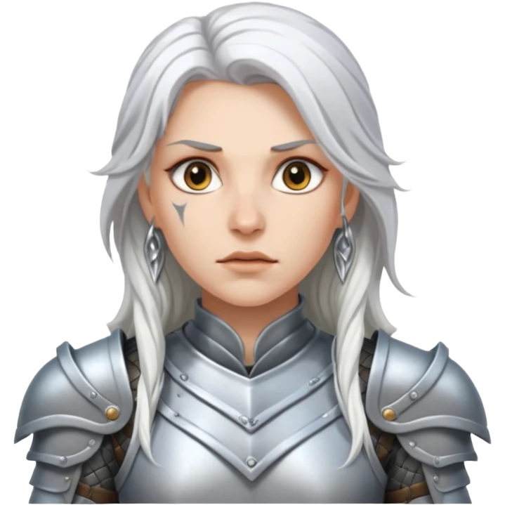 White Long Haired Women, Warrior woman — silver armor, piercing gaze emoji