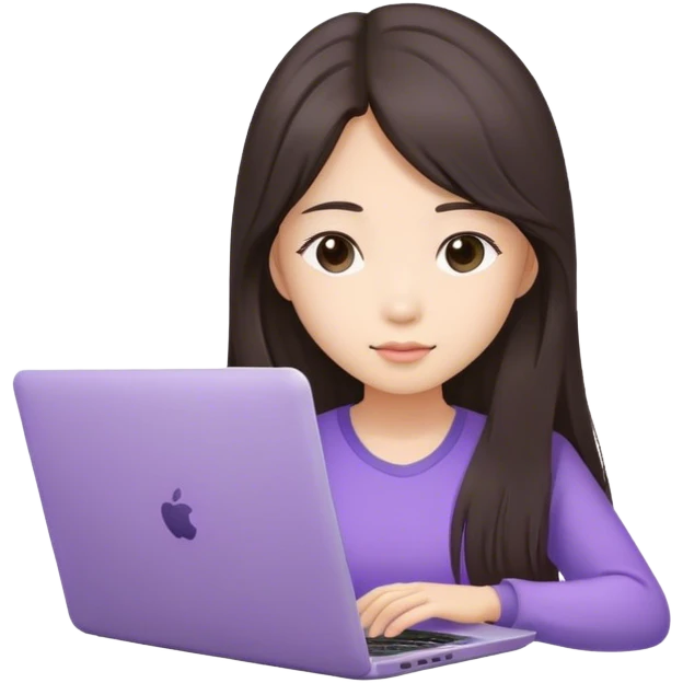 Long hair brunette Asian girl working on lavender laptop front view emoji