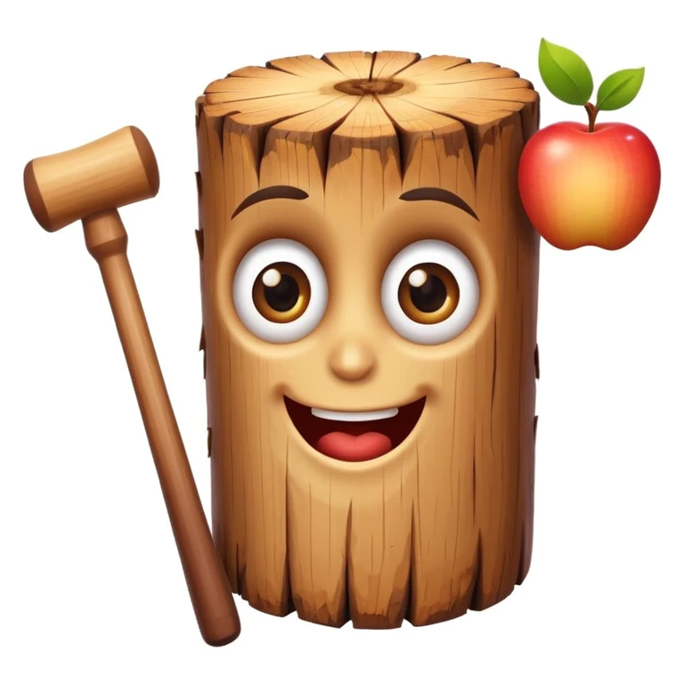 cartoonish wood log with cheerful expression and big eyes, holding a small mallet, white background, bright colors, apple emoji style emoji