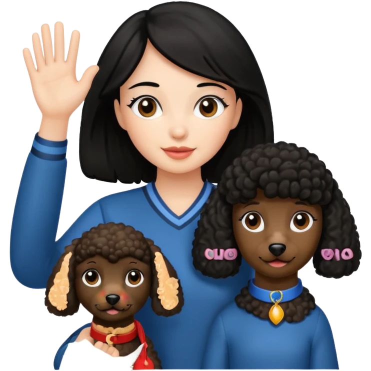 Ponytail black hair girl with brown Poodle say goodbye  emoji