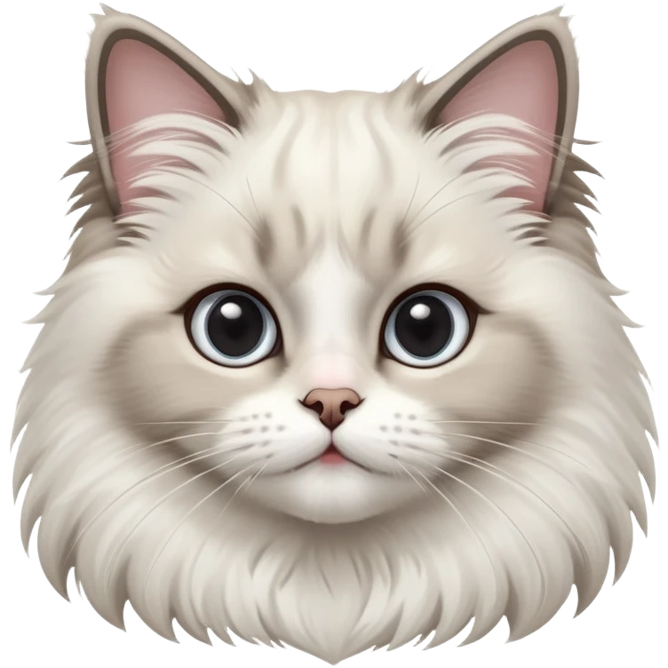 cinematic-adorable-big-eyed-fluffy-ragdoll-cat-portrait-emoji,-head-tilted-playfully-with-a-sweet-expression,-fluffy-white and grey-fur,-simplified-yet-irresistibly-cute-features-with-large,-expression,  emoji
