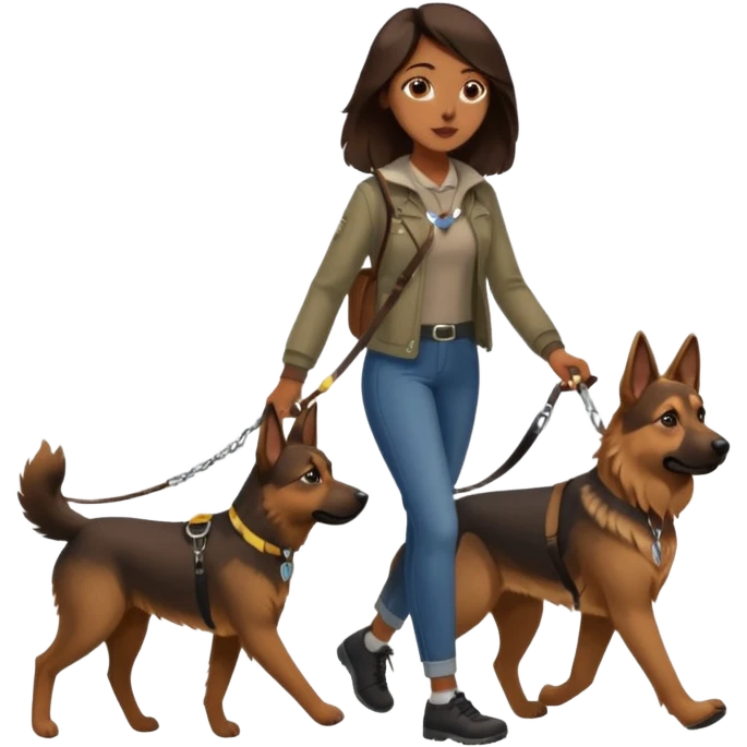 a girl with a brown dark long long hair, she's walking her dog is a german shepard emoji