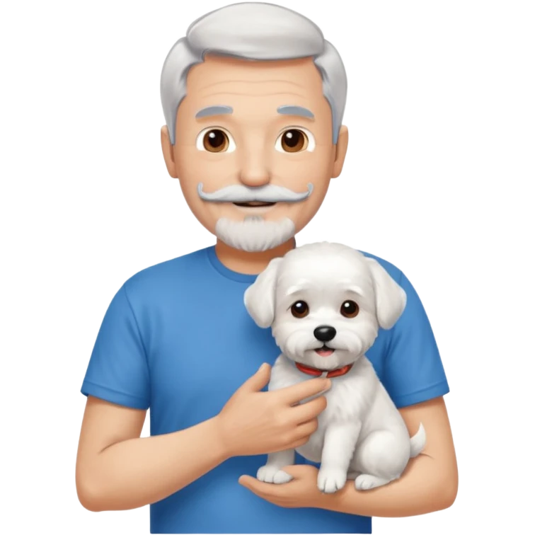 handsome gentleman, 60 years old, short silver hair, beard and moustache, wearing a blue t-shirt, smiling and holding a maltese dog emoji