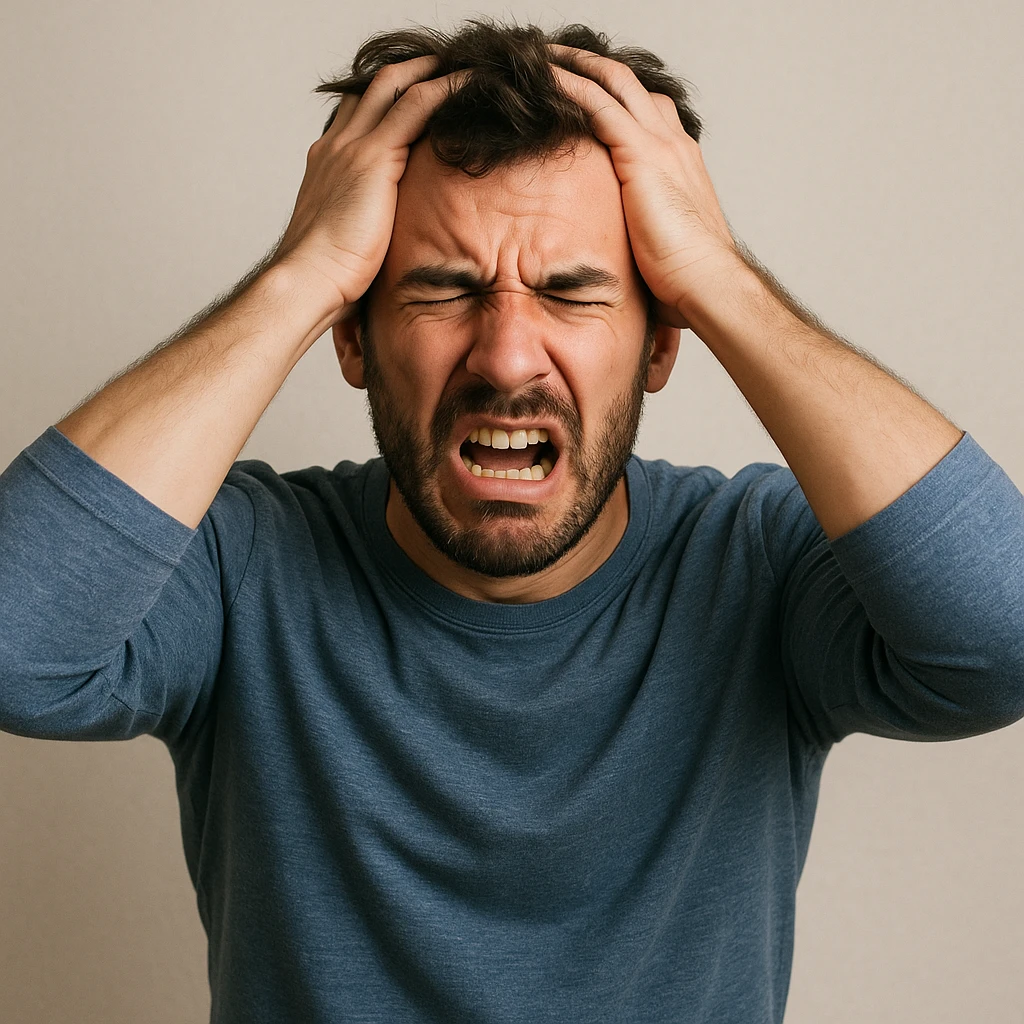 frustrated man, expressive face, hands on head, casual clothing, neutral background emoji
