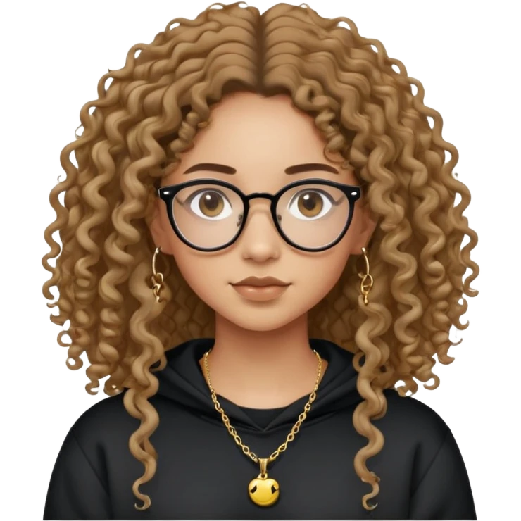 Mixed girl /curly long hair brown / with black eyes glasses black sweat shirt middle part flat piercing and very small thin gold chain  emoji