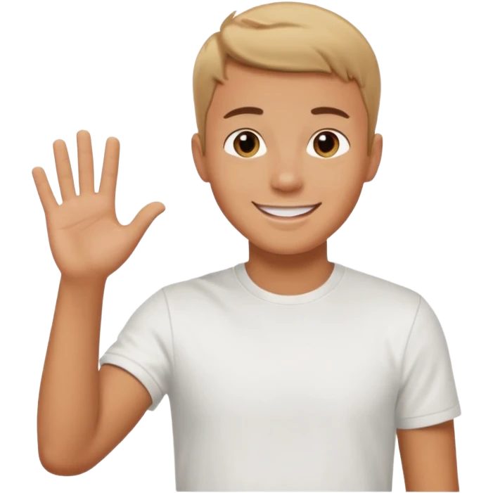 joven bronceado corte de pelo muy cortito polera blanca sonrisa bonita saludando mano arriba emoji