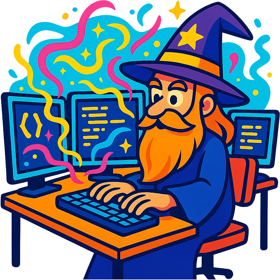 wizard coder with a long beard sitting at a desk with multiple monitors with magical energy around, vibrant toon style, cartoonish, colorful, dynamic emoji