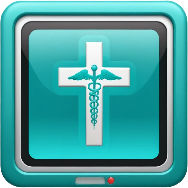 Emoji-style icon of a medical cross inside a scan frame with data lines, symbolizing AI disease detection. Simple emoji design, teal and white theme, no text, transparent background. emoji