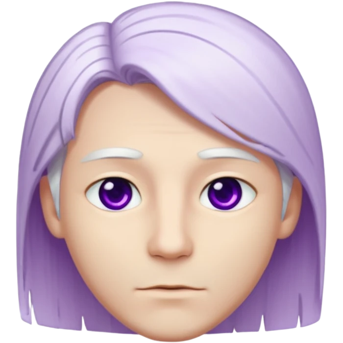 Beyaz uzun ve düz saçları olan,mor göz rengi olan, bembeyaz tenli bir erkek,genç,gözleri hafif çekik ve saçları da teni de bembeyaz olacak,genç olacak,kırışıklığı olmayacak,gözleri çekik ve mor renk olacak,alnında kırışıklık olmayacak,saçı daha beyaz olsun,genç olacak emoji