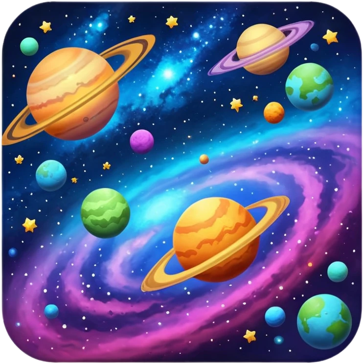 Cosmic galaxy with colorful nebulae, planets, stars, glowing cosmic dust, cinematic 8K emoji
