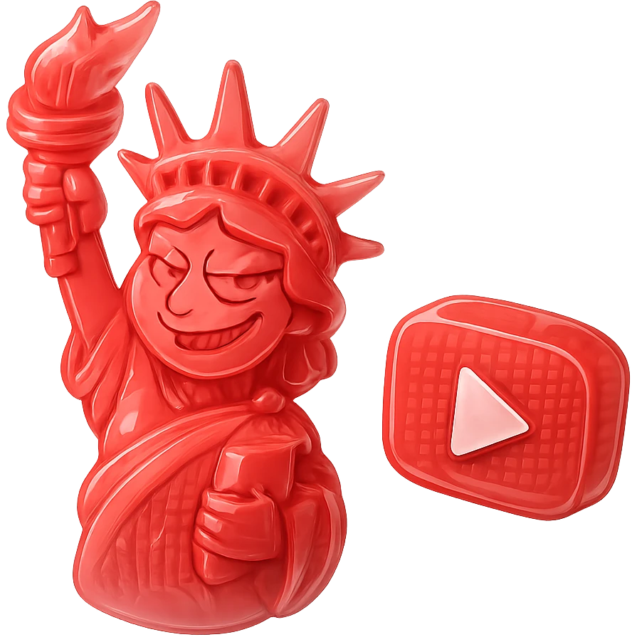 red Statue of Liberty with a playful sarcastic grin, red YouTube play button, glossy circuit style emoji