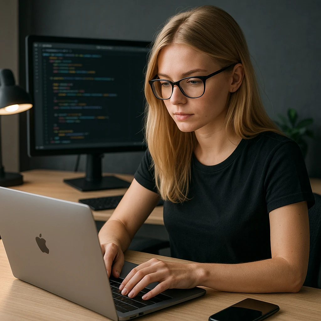 blonde girl with laptop, coding, tech vibe, modern workspace, programming emoji