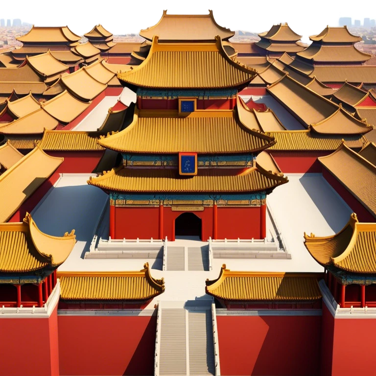 Cinematic Realistic Forbidden City Landmark Emoji, depicting grand imperial architecture with golden rooftops, vast courtyards, and intricate wooden carvings, all surrounded by towering red walls. emoji