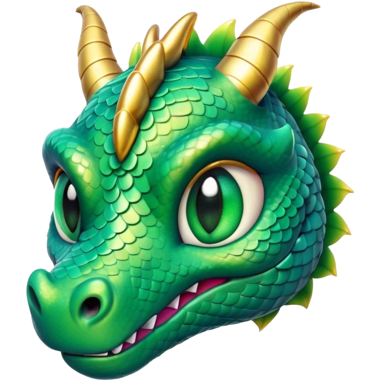 Cinematic Cute Dragon Portrait Emoji, Head tilted playfully and inquisitively, featuring a sleek, serpentine form adorned with iridescent scales that shift between emerald and gold, a delicate set of subtle horns, and round, sparkling eyes full of curious magic; rendered with realistic detail and warm natural light, high shine, affectionate and enchanting, styled with a touch of whimsical fantasy, soft glowing outline, capturing the essence of a mischievous yet lovable dragon that seems poised to slither playfully into your arms! emoji