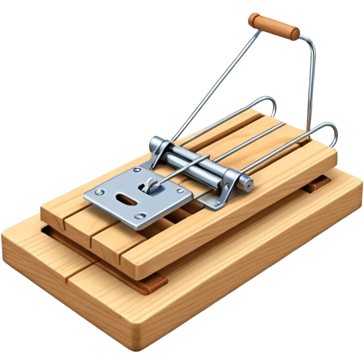 A 3D emoji in iOS emoji aesthetic style of a classic mousetrap without cheese, showing a wooden base and metal spring mechanism, clean minimal design, bright lighting, glossy Apple-style look, white background. emoji