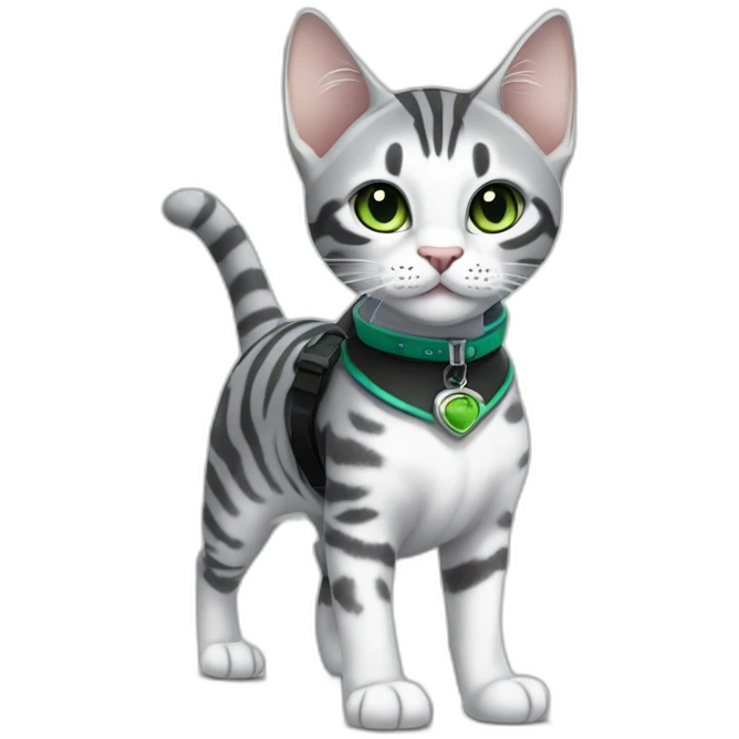 cute light white and grey domestic shorthair tabby with green and blue eyes black pupils, walking and playing wearing a cute costume emoji