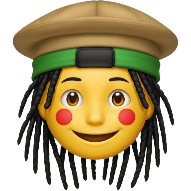 Yellow smile emoji with black dreads and a hat with yellow at the top red in the middle and green at the bottom emoji