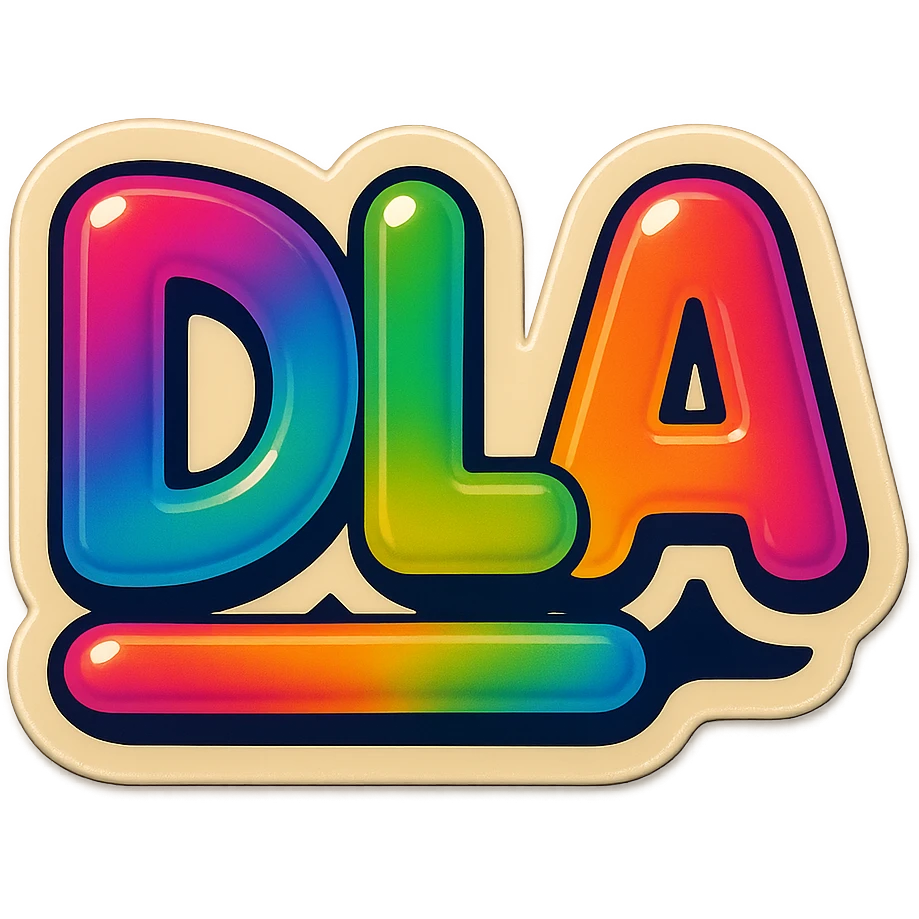 retro sticker design featuring 'DLA' in chunky bubble-like letters, decorated with neon accents, glossy finish, evoking 80s nostalgia emoji